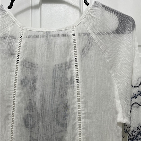 Monoreno Cotton Bohemian White Gauzy Blouse with Navy Embroidery - Size Small - Picture 8 of 14